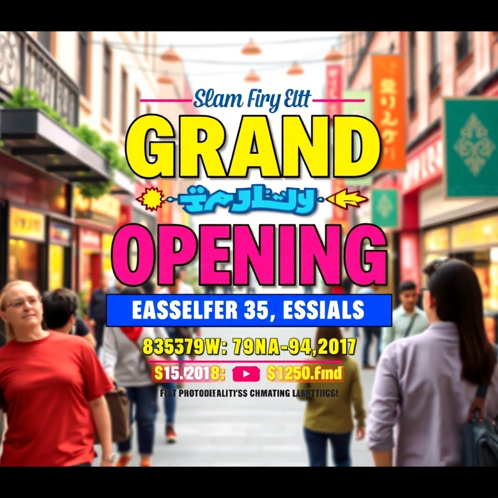 A vibrant, colorful flyer design for a grand opening event featuring bold typography, appealing graphics, and a mix of bright colors. The background shows a bustling neighborhood setting with people stopping to admire the flyer, capturing their attention and generating excitement.