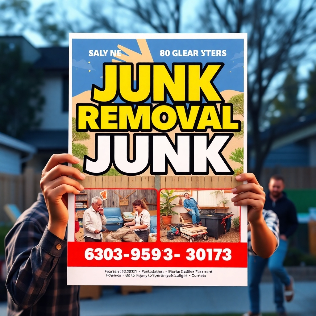 A vibrant, eye-catching flyer design featuring a junk removal service with bright colors, bold text, and images of a clean yard and before-and-after scenarios. Showcase customers engaging with the flyer in a community setting.