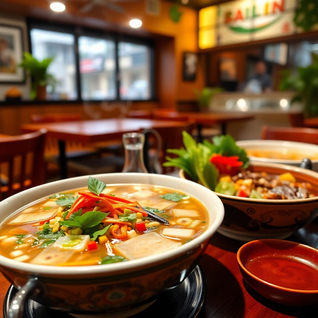 A vibrant, high-quality image of a diverse array of Vietnamese dishes, showcasing a steaming bowl of vegan pho with colorful vegetables and herbs, alongside a bowl of traditional beef pho. The background features a cozy restaurant setting with warm lighting.