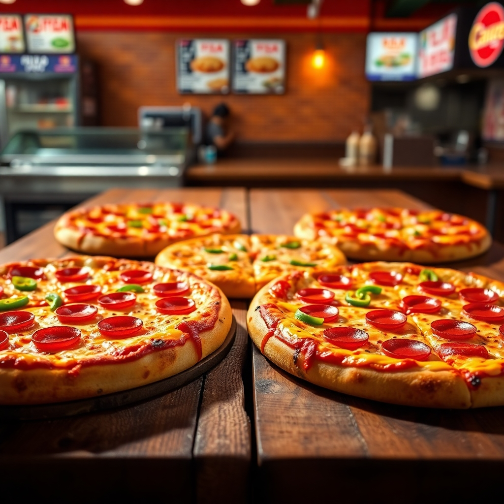 A vibrant, photorealistic image of a variety of HOT-N-READY® pizzas displayed on a rustic wooden table. The pizzas are perfectly baked, with melted cheese glistening, topped with classic pepperoni, green bell peppers, and a cheesy crust. Soft diffused lighting emphasizes the colors of the ingredients, casting gentle shadows. The color palette includes rich reds, warm yellows, and fresh greens, creating an inviting mood. The camera angle is slightly above the table, capturing the pizzas in a dynamic perspective. Texture details should showcase the crispiness of the crust and the gooey cheese, enhancing the appeal of each pizza. In the background, a well-stocked pizza counter is subtly blurred, implying a bustling restaurant environment. Style references include hyperrealistic photography. Technical specifications: 8K resolution, ultra-detailed, showcasing the sensory experience of dining at Little Caesars.