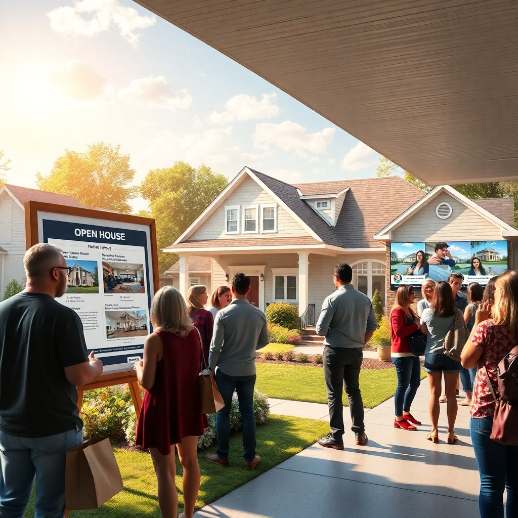 A vibrant and bustling open house scene, featuring large geotagged flyers on display, enthusiastic buyers looking at the property, and digital screens showcasing virtual tours. Include a sunny sky and a welcoming front yard to create an inviting atmosphere.
