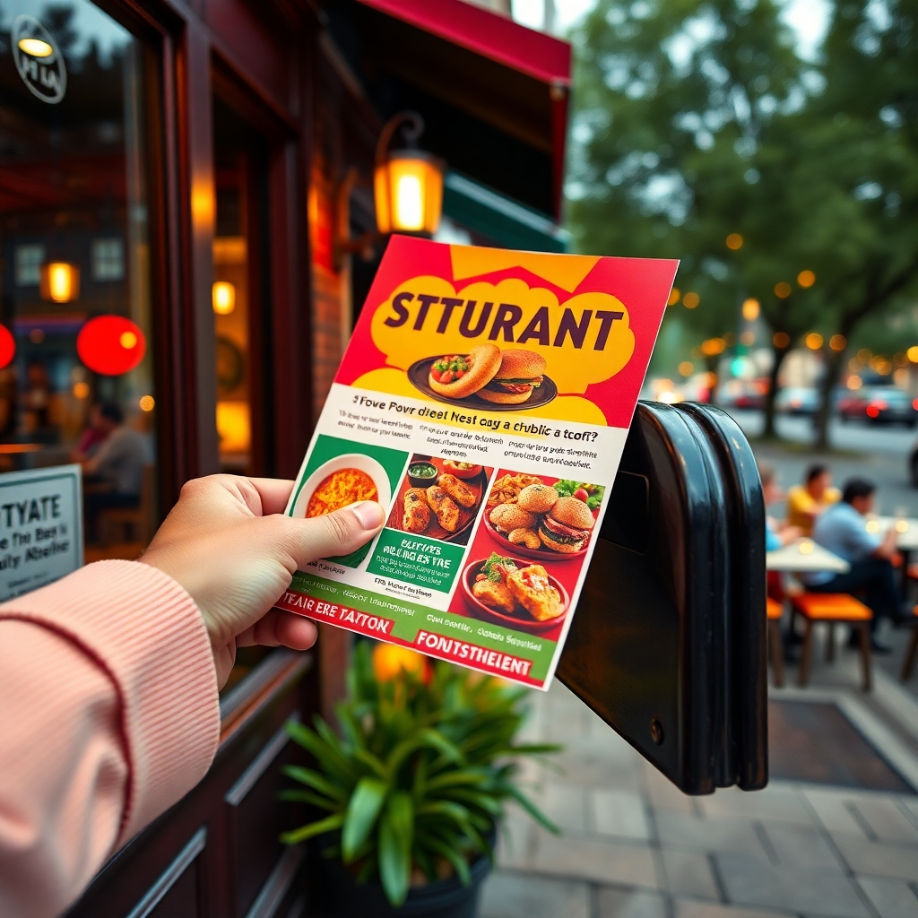 A vibrant and engaging photograph of a restaurant flyer being delivered to a mailbox. The focus is on the colorful, eye-catching flyer showcasing delicious food imagery and enticing offers. Soft diffused lighting enhances the inviting color palette of reds, yellows, and greens. The perspective is slightly tilted from above to capture the dynamic motion of the hand delivering the flyer. High detail on paper texture, with a slight sheen to signify quality. In the background, a cozy neighborhood street with trees and diners visible through restaurant windows, conveying warmth and community spirit. This image reflects a lively ambience, rich in color and emotion, styled in the approach of renowned food photographers, 8K resolution, hyperrealistic detailing.