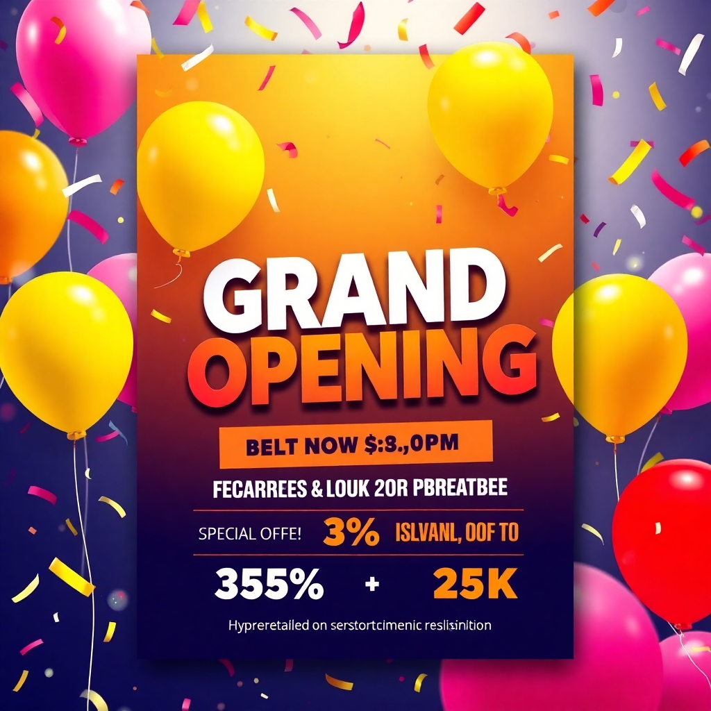 A vibrant and eye-catching flyer design for a grand opening event, showcasing bold colors, engaging graphics, and essential information about special offers. The background features confetti and balloons to convey a festive atmosphere.