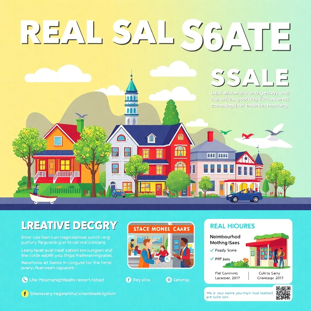 A vibrant and visually appealing real estate flyer featuring local landmarks, community events, and neighborhood highlights. The design should incorporate bright colors, eye-catching graphics, and easy-to-read text, showcasing a friendly neighborhood atmosphere.