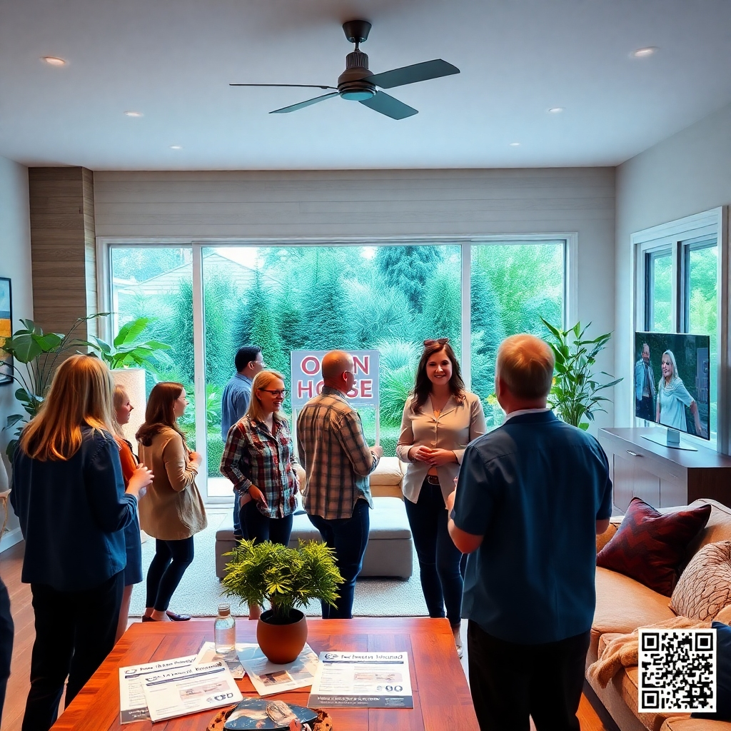 A vibrant, bustling open house scene set in a beautifully staged modern home. The foreground features enthusiastic visitors engaging with the property, while a friendly real estate agent discusses with potential buyers. Soft diffused lighting illuminates the room, accentuating rich textures of wood and fabric in furniture. A large 'Open House' sign is visible in the yard, surrounded by lush greenery. Color palette includes inviting cool blues and warm earth tones to create an inviting atmosphere. The camera angle is slightly elevated, showcasing the interior layout, while capturing visitors’ expressions of interest. Additional elements include geotagged flyers laid out on a table, a visible QR code for virtual tours, and digital screens showcasing property details in the background. The style references the engaging and vivid photography of professional realtors. The image should be rendered in 8K resolution, hyperrealistic and ultra-detailed.