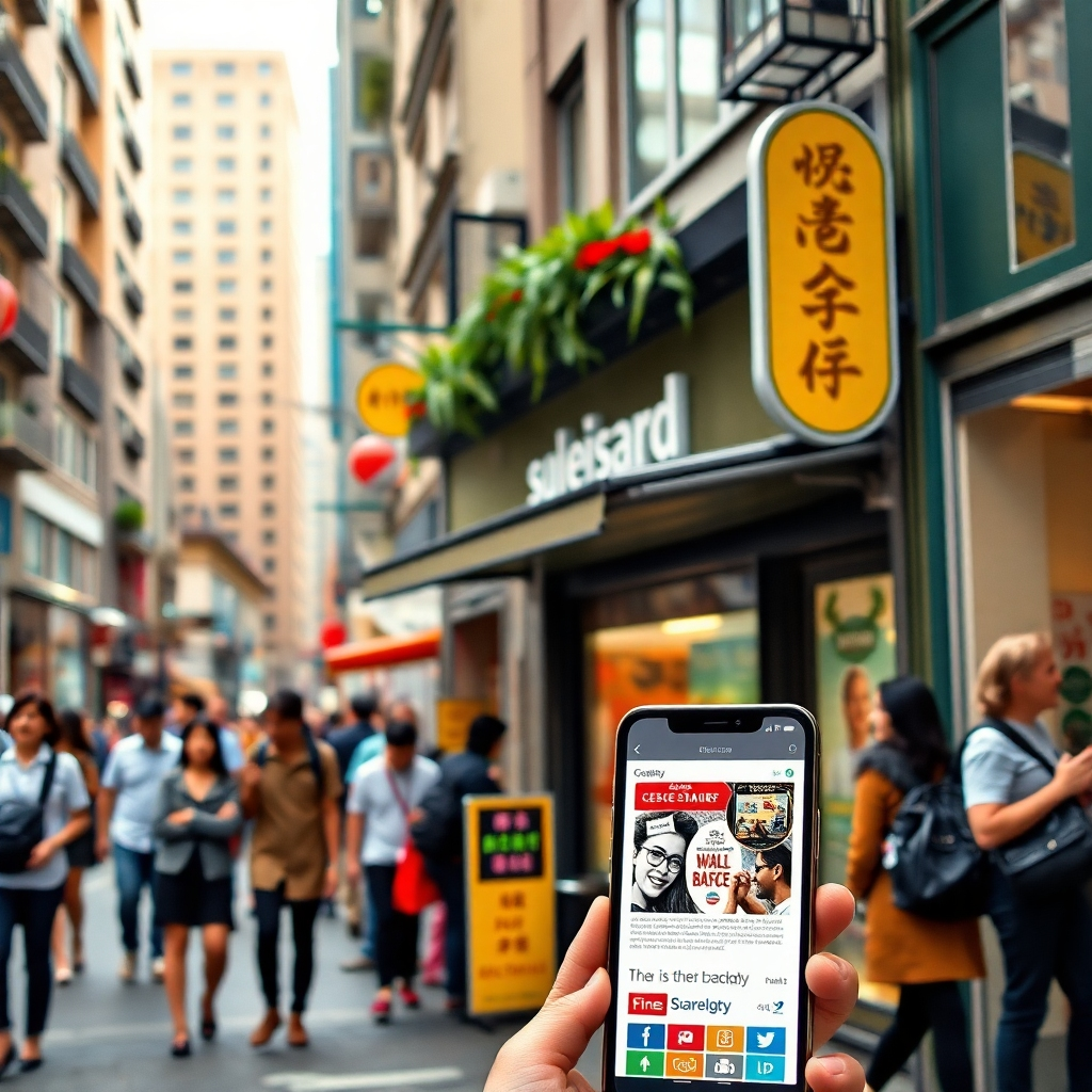 A vibrant city street scene showcasing a small business with a digital ad visible on a smartphone in the foreground. The background shows a mix of diverse pedestrians, emphasizing local engagement and targeted advertising through geofencing.