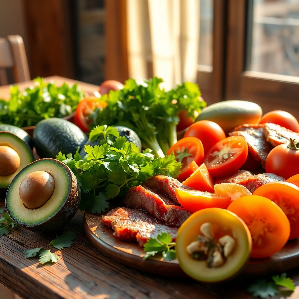 A vibrant display of fresh Mexican ingredients including ripe avocados, tomatoes, cilantro, and cuts of carne asada arranged artfully on a rustic wooden table, with soft sunlight casting a warm glow over the scene.