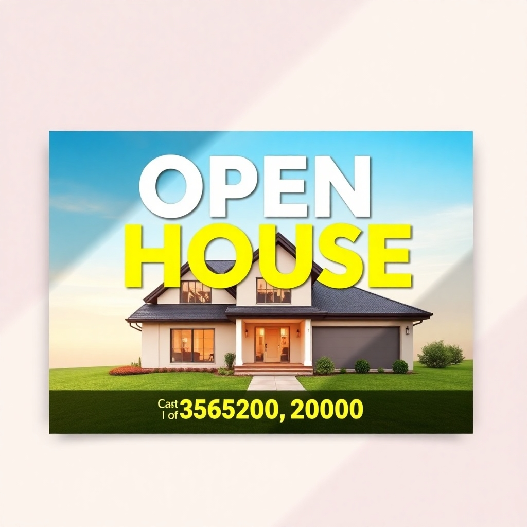 A vibrant, eye-catching open house flyer design with a modern layout. Include bold colors, attractive fonts, and an enticing image of a beautiful home, set against a subtle, elegant background that suggests professionalism.