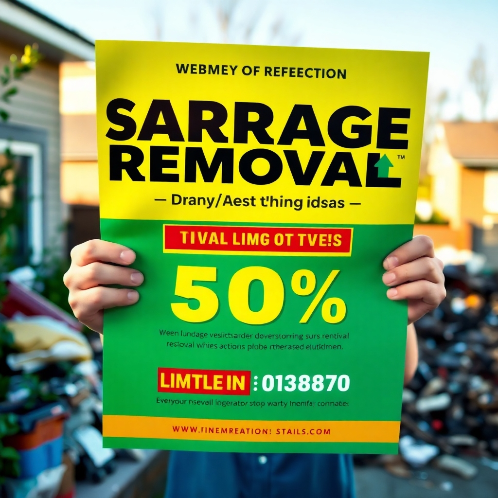 A vibrant flyer design showcasing a garbage removal service, with bold text offering a limited-time discount. The scene includes a person excitedly holding the flyer in a residential setting with a visible junk pile in the background.