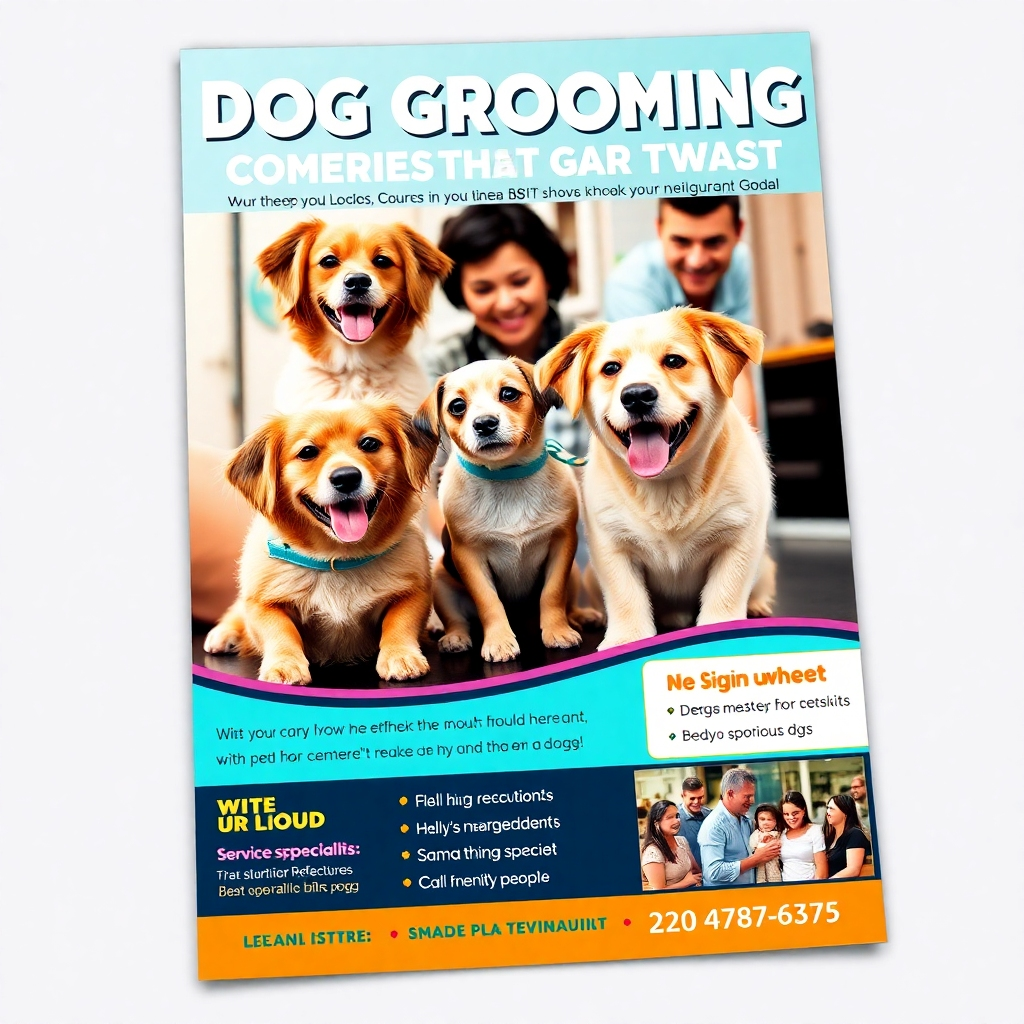 A vibrant flyer design showcasing dog grooming services tailored for a local neighborhood, featuring images of happy dogs and pet owners interacting. The flyer should have friendly, inviting colors, and include key details like service specialties, a call to action, and compelling visuals that highlight the community aspect.