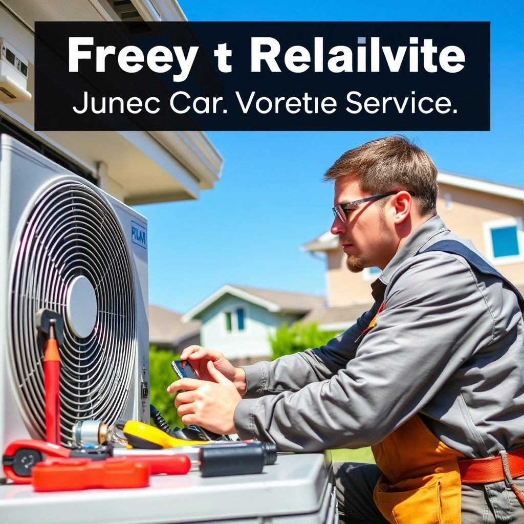 A vibrant image of a technician inspecting an A/C unit outdoors, with visible tools and parts arranged for efficiency. The scene is bright under clear blue skies, and the technician is focused and diligent in his work. The background features a residential setting, promoting the notion of reliability and quality service. The image should resonate with freshness and professionalism, displaying a commitment to customer care in a photorealistic setup.