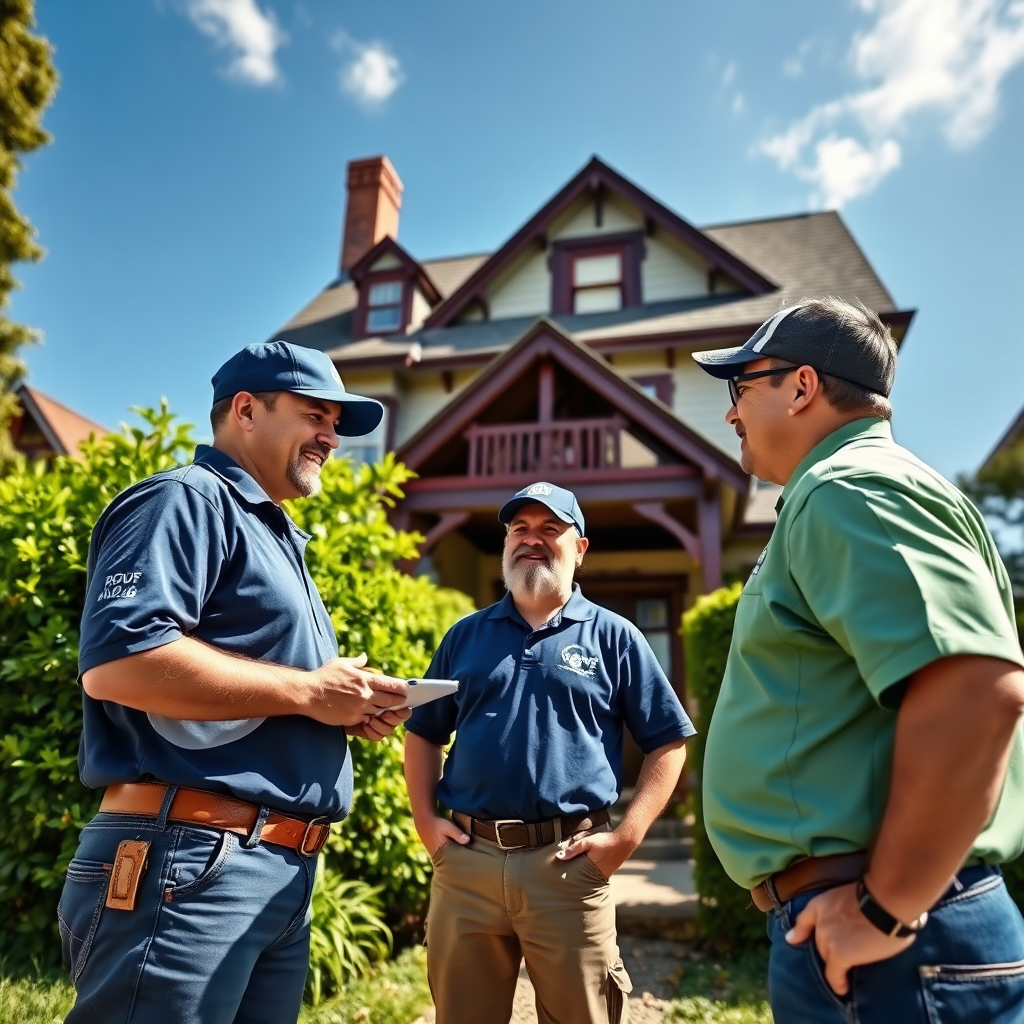 A vibrant image of the Roof Guys team doing a roofing consultation with a homeowner outside a historic house, engaging in discussion. The setting includes lush greenery and a brilliant blue sky. The colors are bright and inviting, with the team dressed in branded attire. This angle should capture interaction and trust, showcasing human connection. The image should be photorealistic, reflecting a professional and friendly atmosphere.
