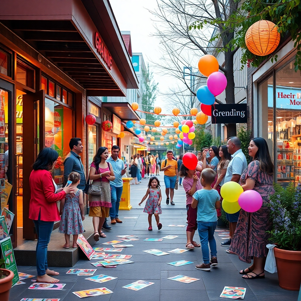 A vibrant neighborhood scene on the day of a grand opening event. Colorful flyers are scattered on doorsteps. Curious families gather, chatting animatedly, with excited children holding balloons. Bright decorations highlight the storefront, creating an atmosphere of anticipation and joy.