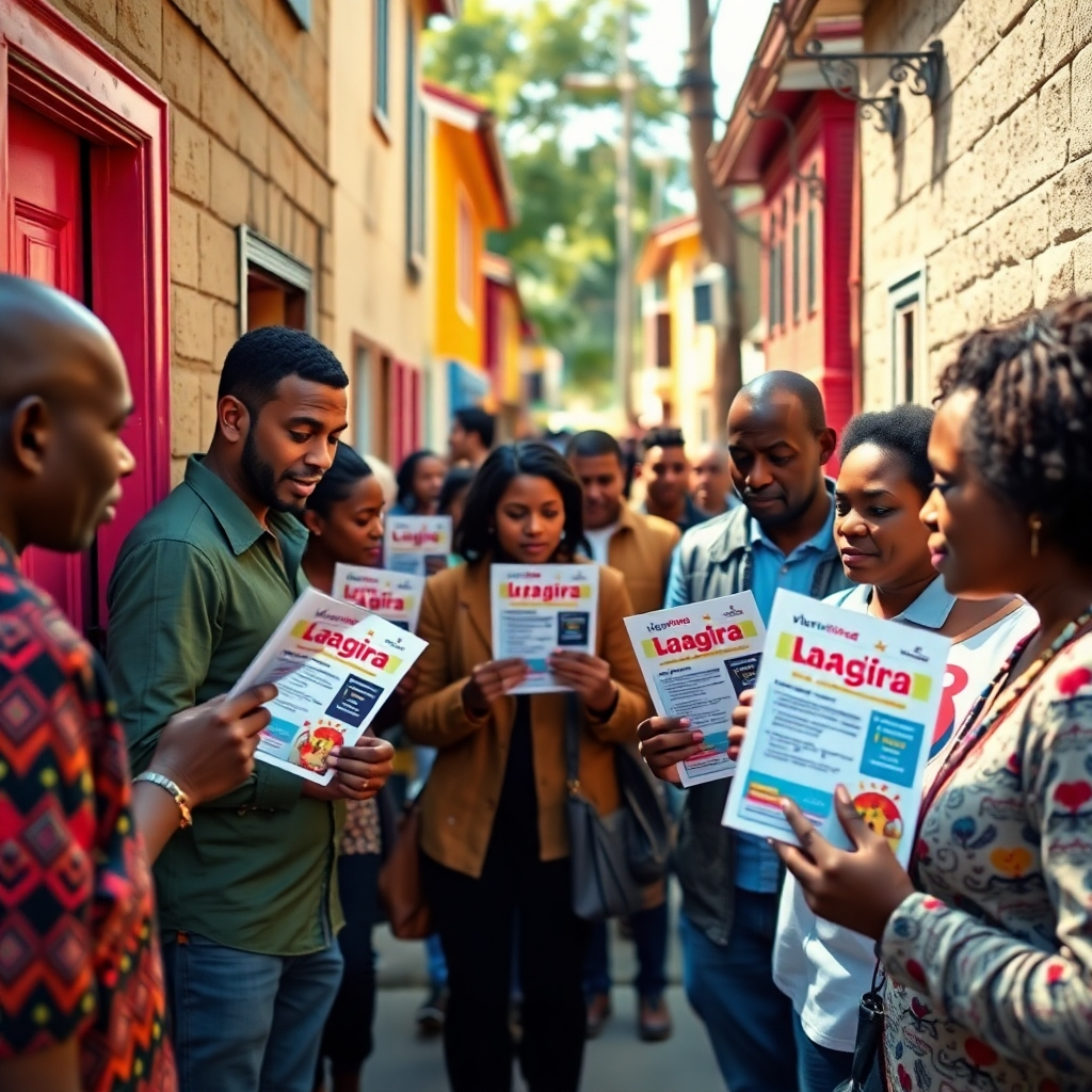A vibrant neighborhood scene showcasing a diverse group of people receiving colorful flyers at their doors. The flyers prominently display event information, capturing the essence of community engagement. Bright, inviting colors with clear, actionable messages are visible.