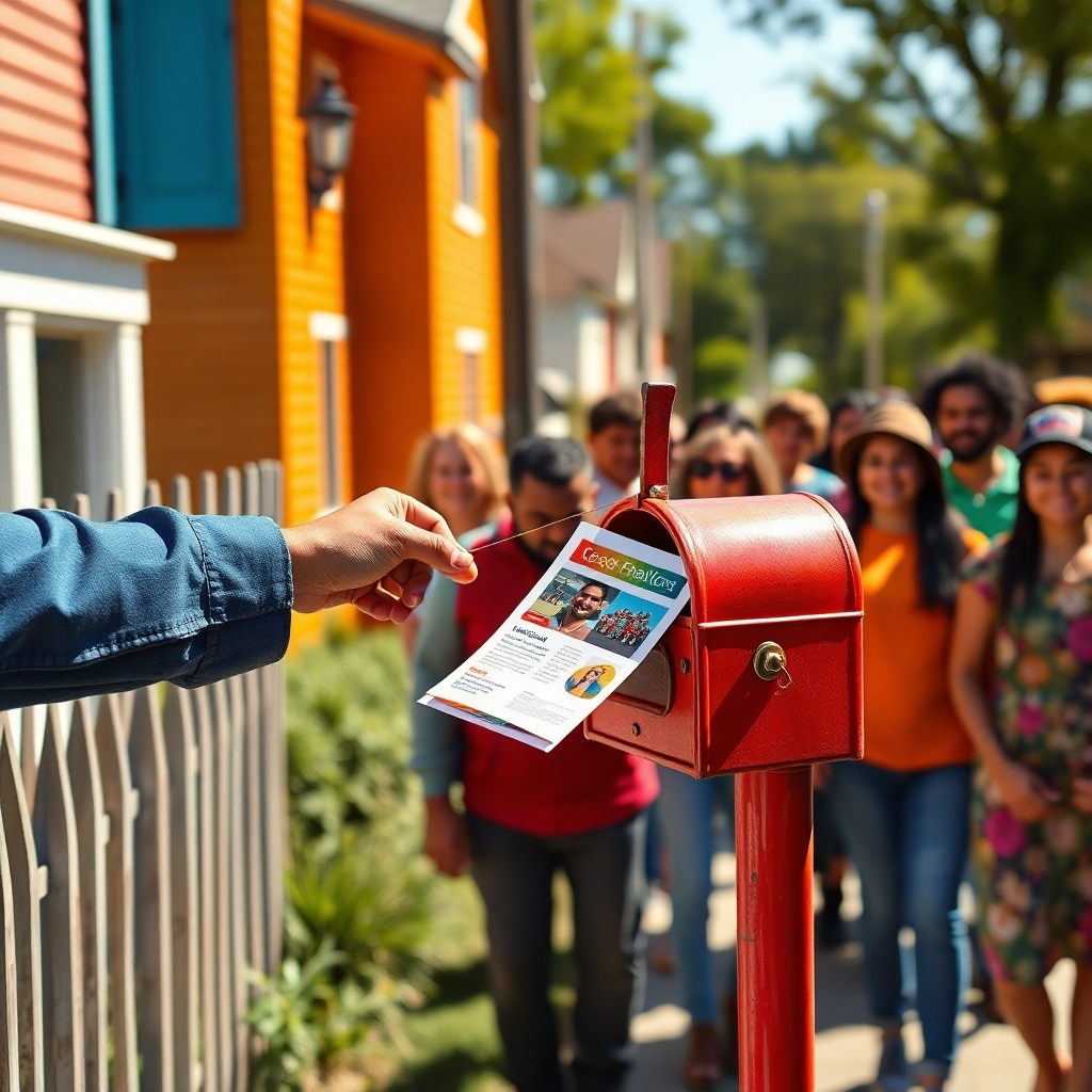 A vibrant neighborhood scene showing a flyer being hand-delivered to a mailbox, with a diverse group of people nearby, demonstrating community connection. Bright colors, eye-catching flyer designs visible in the mail, sunny day ambiance.