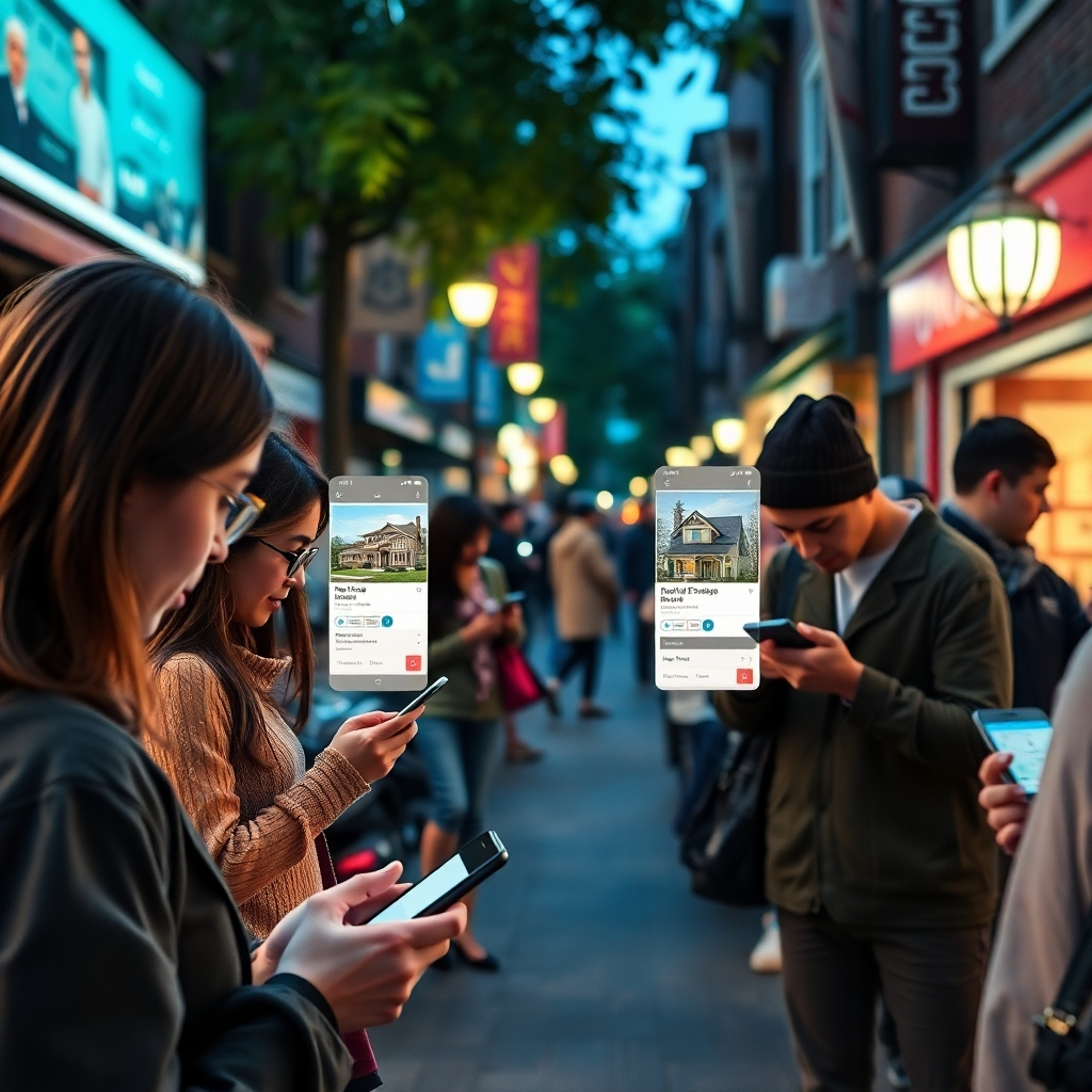 A vibrant neighborhood scene with people interacting with their mobile devices. Overlaid graphics show pop-up ads and notifications specific to real estate, illustrating heightened engagement in a lively community setting.