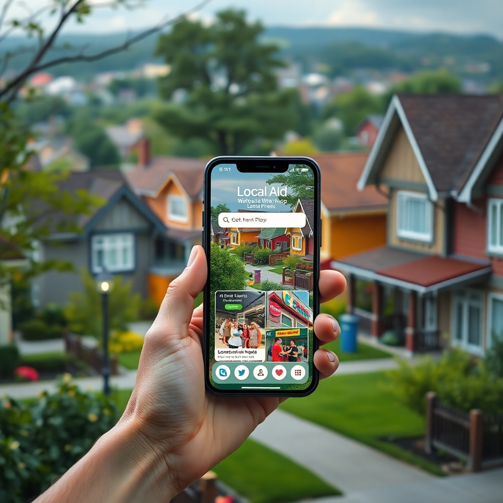 A vibrant neighborhood scene with houses, showcasing a smartphone displaying localized ads specific to that area. The images should reflect community elements like parks, schools, and shops, emphasizing local relevance.