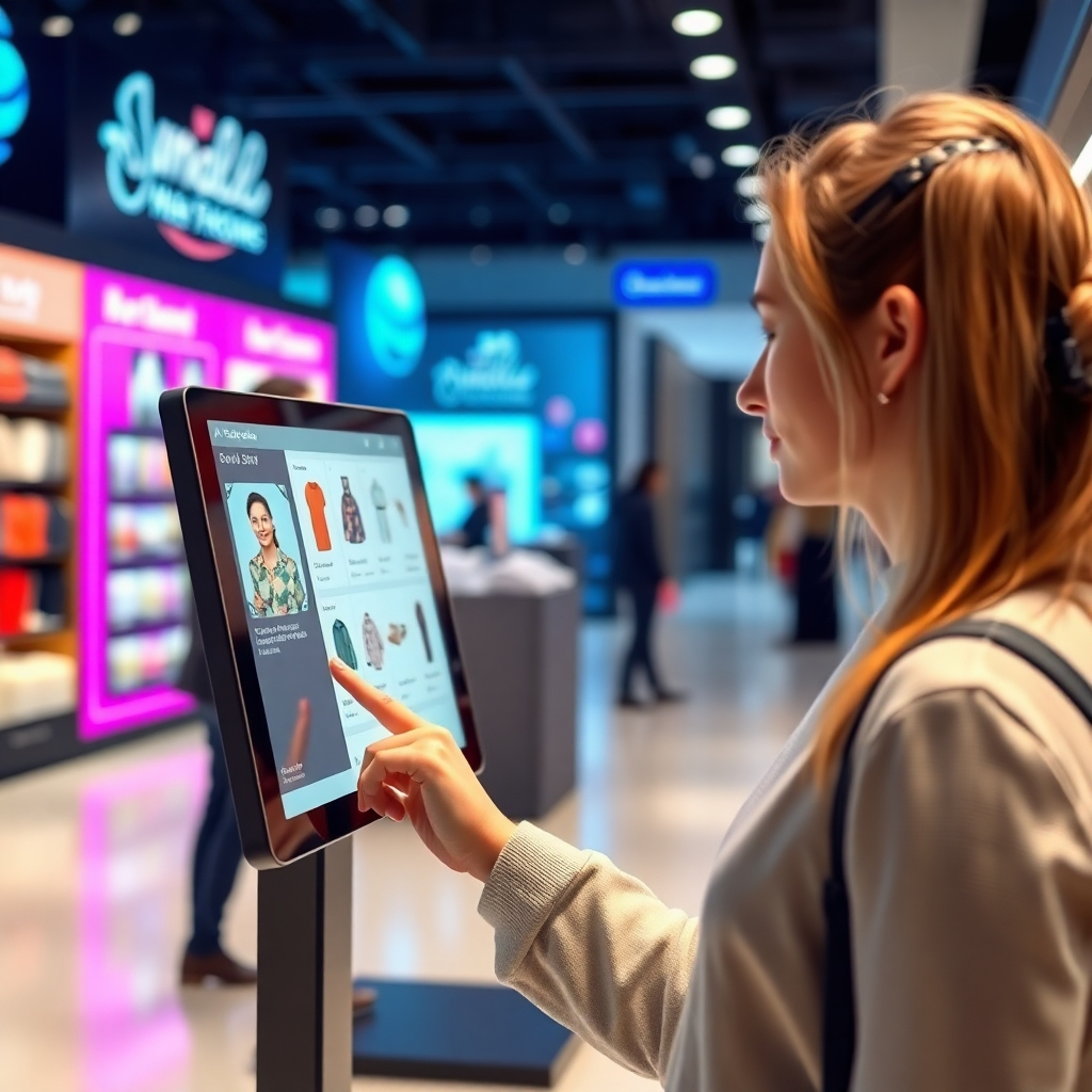 A vibrant, photorealistic image of a customer interacting with an AI-powered virtual assistant on a touchscreen device in a retail environment. The background should showcase personalized product recommendations and engaging digital displays, illustrating a seamless shopping experience.