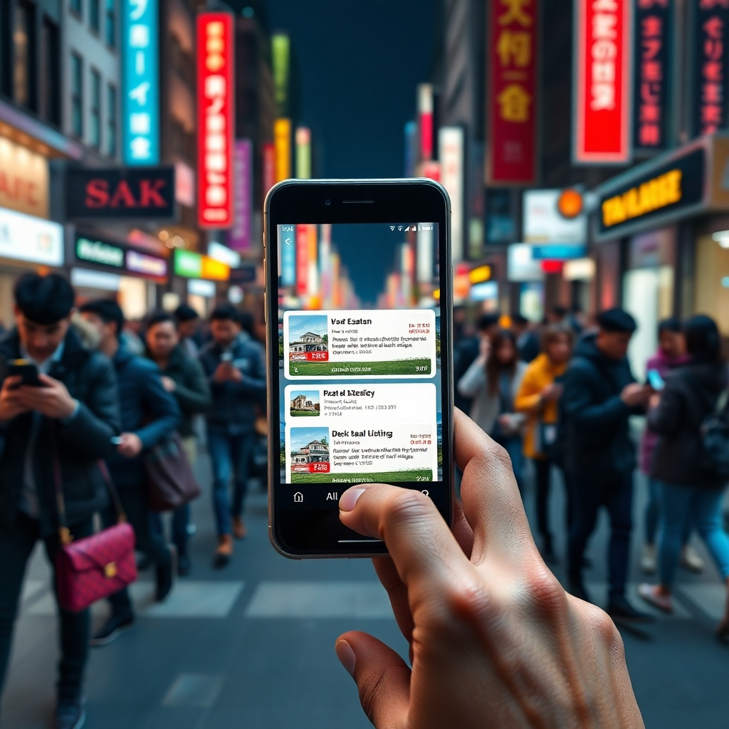 A vibrant, photorealistic representation of a smartphone displaying push notifications about real estate listings, with a backdrop of a busy urban street filled with people looking at their phones, showcasing engagement with ads.