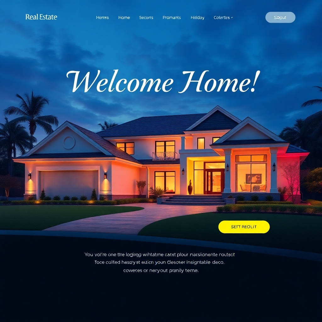 A vibrant real estate landing page featuring a stunning hero image of a luxurious home, with an overlay of captivating text, such as 'Welcome Home!' in elegant typography. The page layout should be modern and clean, with an intuitive navigation menu and call-to-action buttons prominently displayed.