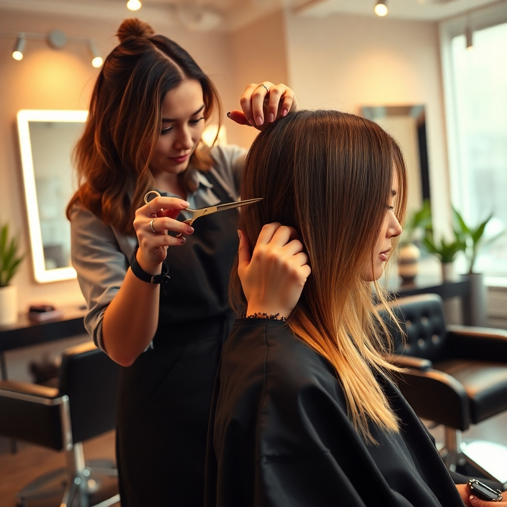 A vibrant salon scene featuring a skilled stylist giving a chic haircut to a stylish client. The composition captures the interaction between stylist and client, emphasizing the detail of the haircut. The lighting is soft and diffused, creating an inviting ambiance while highlighting the client's hair texture. The color palette includes warm tones with pops of pastel colors for an uplifting mood. The camera angle is slightly overhead, focusing on the scissors and hair falling gracefully. The environment showcases modern salon decor with sleek mirrors, plants, and luxurious styling chairs. Include textures of hair and the salon's contemporary furnishings. The style is inspired by high-fashion photography, aiming for a hyperrealistic and ultra-detailed representation at 8K resolution.