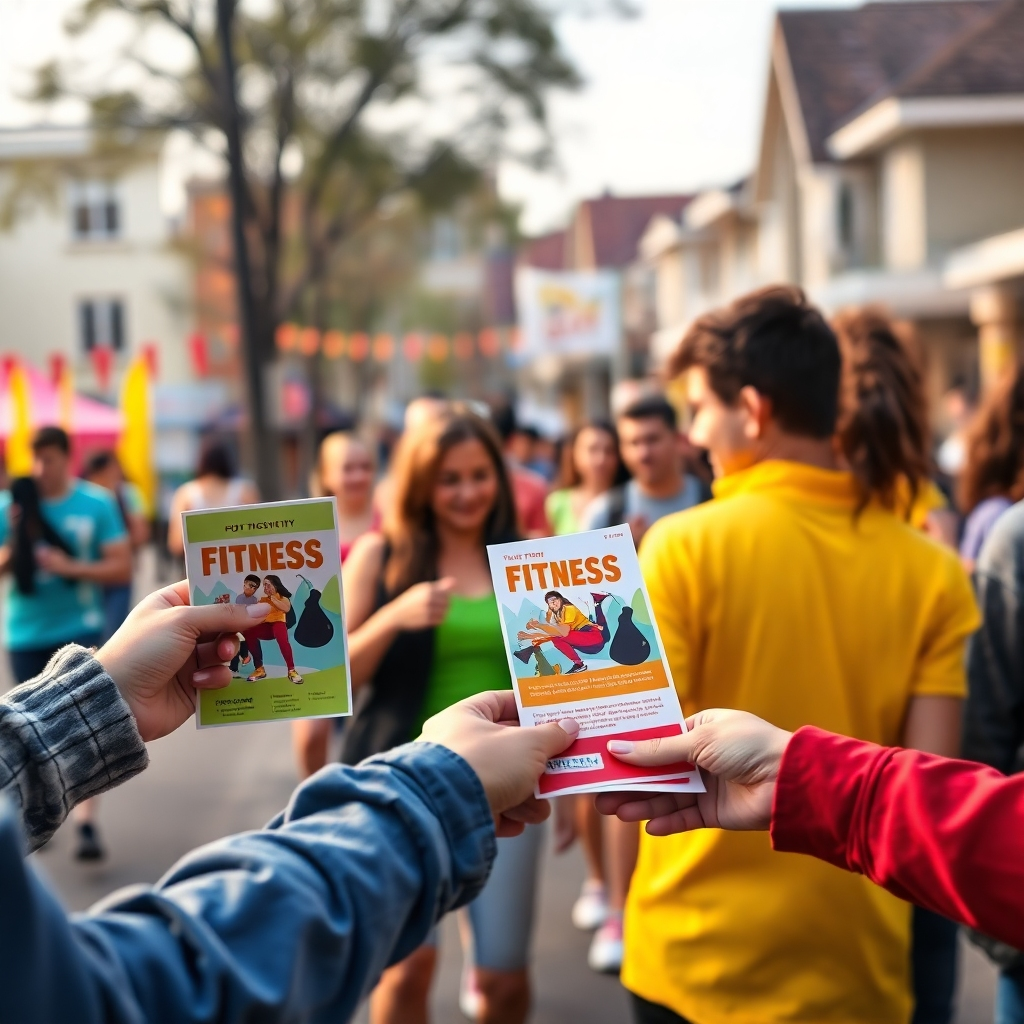 A vibrant scene depicting fitness flyers being handed to enthusiastic individuals at a community event. The background shows a busy neighborhood with people exercising, accompanied by energetic colors that evoke motivation and fitness aspirations.