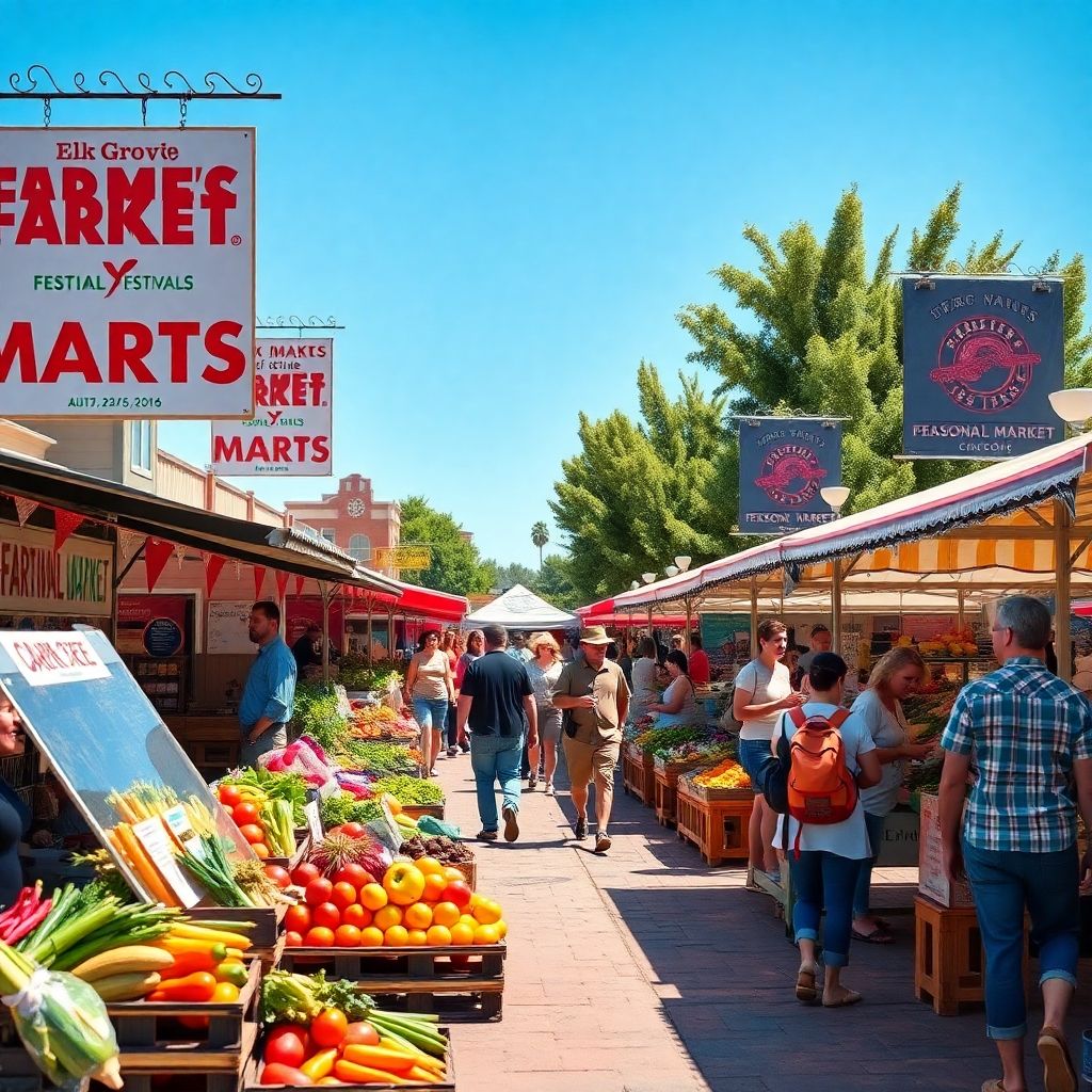 A vibrant scene of a local farmer's market in Elk Grove, showcasing colorful fresh produce, cheerful vendors, and families enjoying the event. Include banners highlighting seasonal festivals and people interacting, with a sunny atmosphere and community spirit.