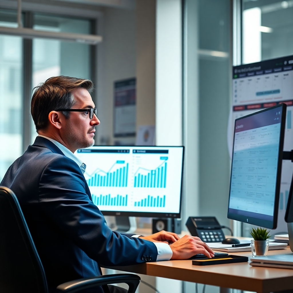 A vibrant scene showcasing a real estate agent working on a computer with graphs and statistics displayed on the screen, surrounded by social media icons and a calendar filled with marketing schedules. The agent should look determined, dressed in professional attire, in a bright, modern office environment.