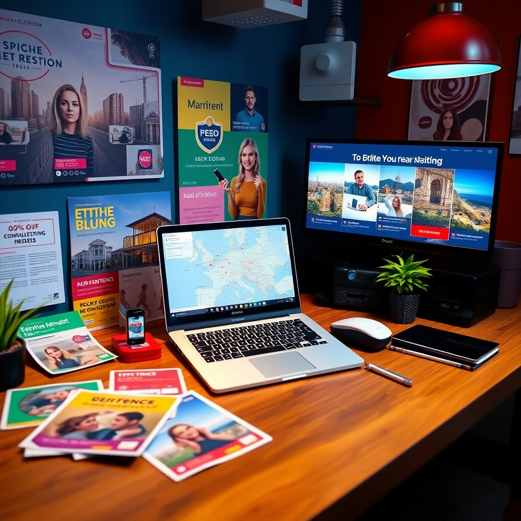 A vibrant workspace showcasing various marketing materials, including colorful flyers, a laptop displaying a geofencing map, and social media ads on a screen. The space should feel dynamic and creative, emphasizing a team collaboration on real estate marketing.