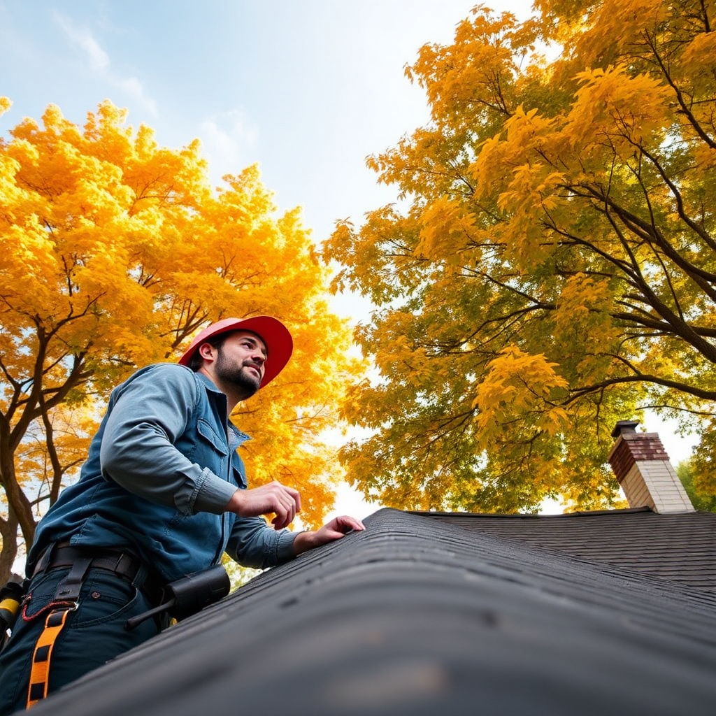 A visual of a Roof Guys expert conducting a roof maintenance inspection, looking for potential issues. The setting showcases beautiful, mature trees surrounding a classic Sacramento home. The angle should be from below, looking upwards at the roofer against a clear sky, emphasizing a proactive approach. Colors should be vibrant, capturing the essence of a well-kept historic neighborhood. The image should be high quality with sharp detail to reflect the importance of regular maintenance.