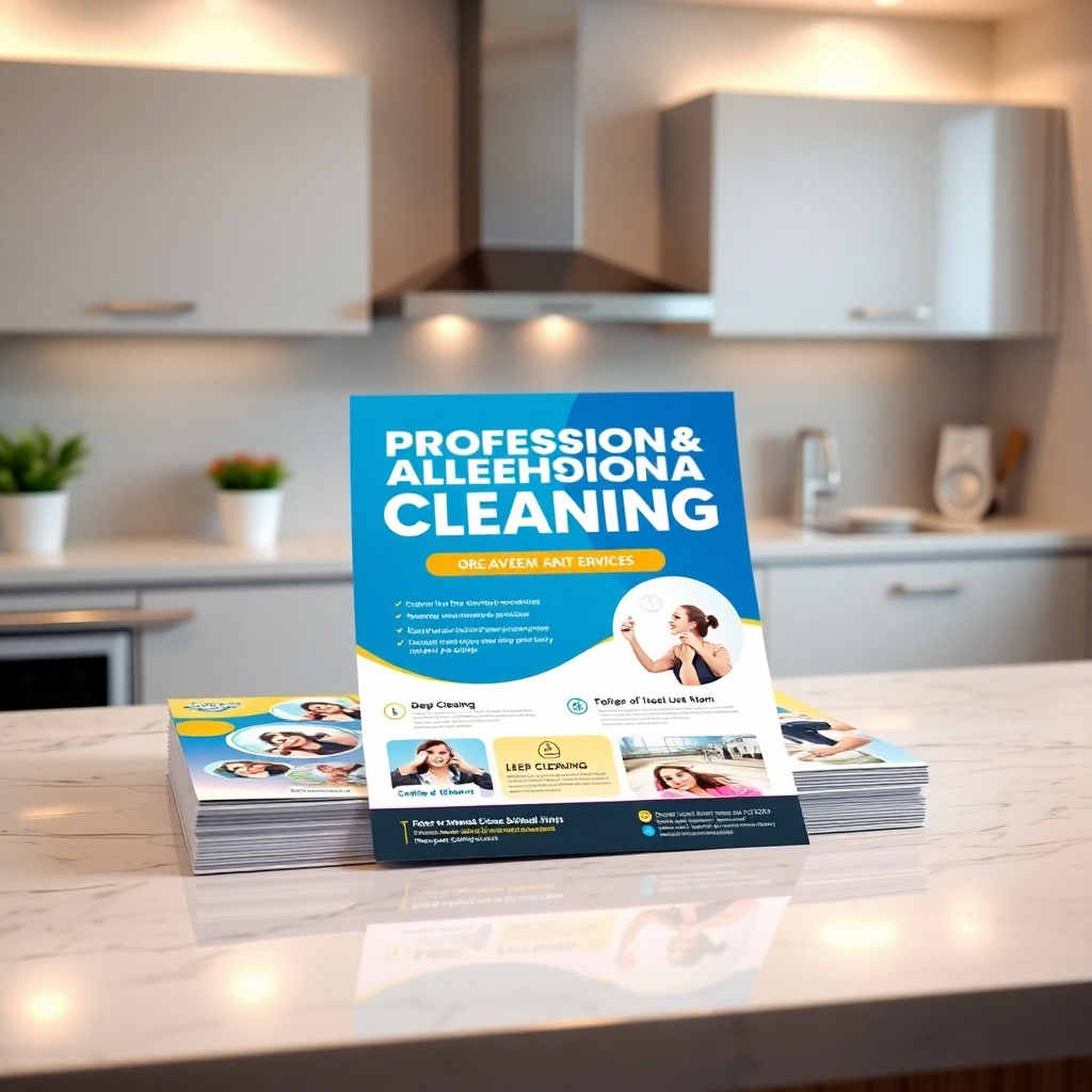A visually appealing, photorealistic image of a professional cleaning flyer laid out on a kitchen counter, with a clean, modern home in the background. The flyer should showcase vibrant colors, attractive offers, and include images of cleaning services like deep cleaning and regular maintenance.