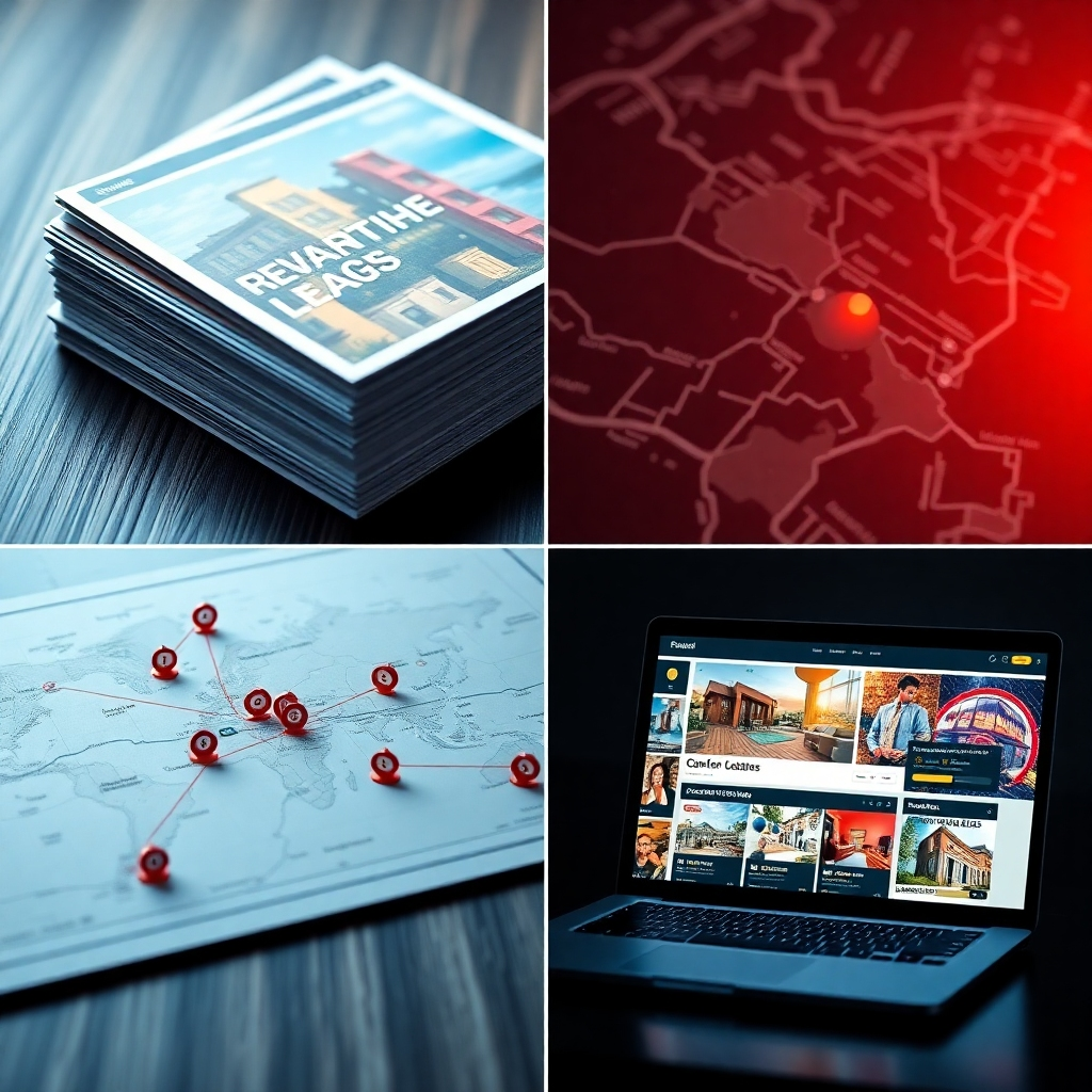 A visually appealing collage showcasing elements of real estate marketing, including a stack of colorful flyers, a digital map with geofencing targets highlighted, and an eye-catching landing page on a laptop screen with vibrant graphics.