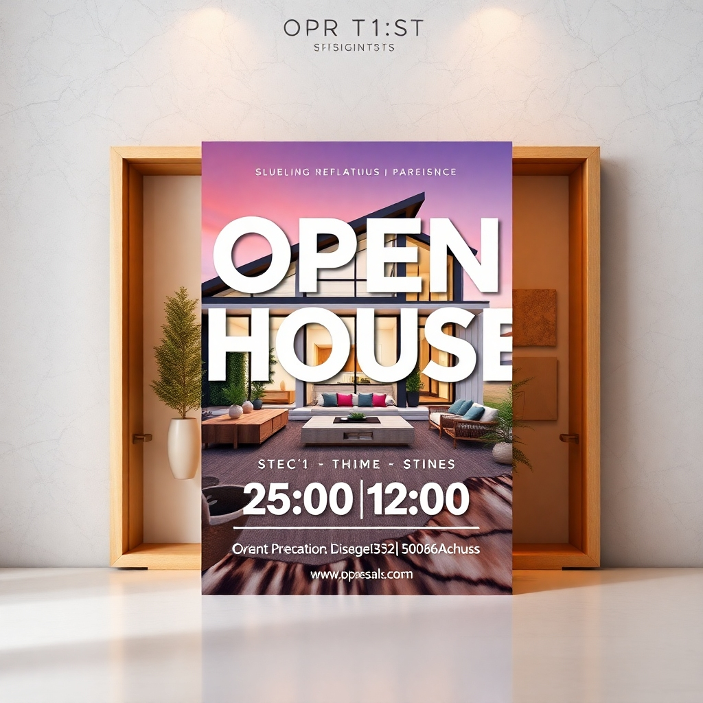 A visually appealing open house flyer design displayed against a stylish backdrop, featuring vibrant colors, engaging typography, and high-quality images of a modern home. Include elements like a prominent 'Open House' title and essential details such as date and time to showcase effective design.