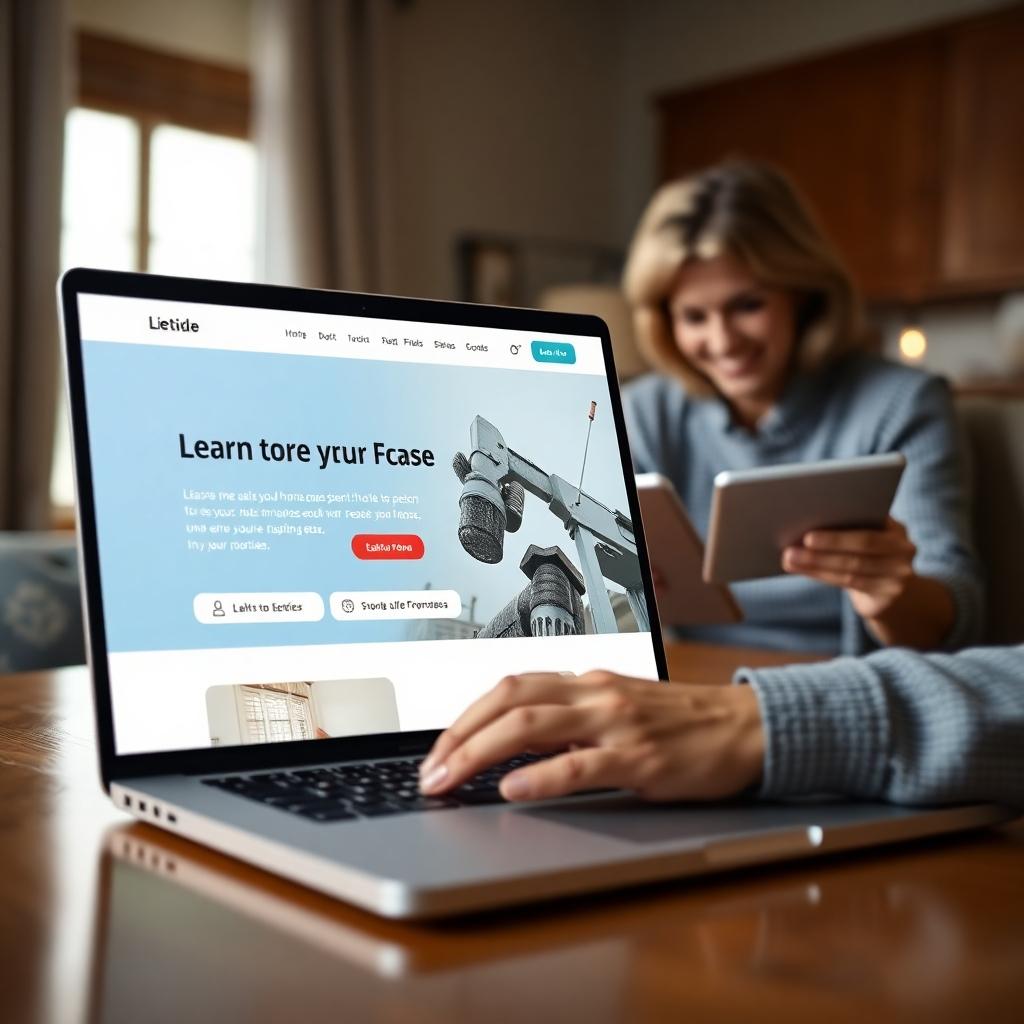 A visually appealing, user-friendly landing page displayed on a laptop, featuring clear call-to-action buttons and engaging visuals. In the background, a satisfied homeowner is shown using a tablet, reflecting a sense of ease and connection to the digital content.
