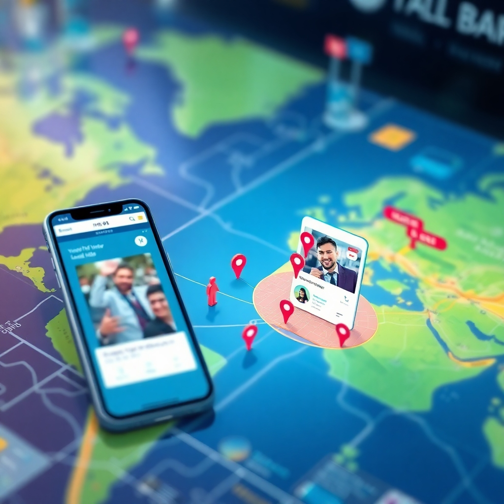 A visually engaging illustration showing a digital map with highlighted geofenced areas, tiny user icons representing target demographics, and a smartphone displaying local ads, creating a high-tech environment with vibrant colors and clear labeling.