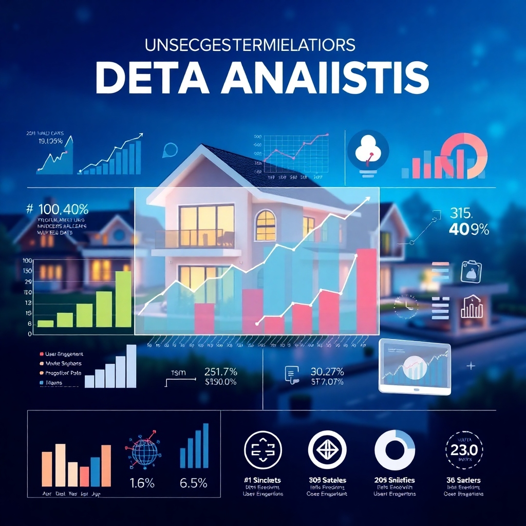 A visually engaging infographic representing data analytics in real estate marketing. Use charts, graphs, and icons illustrating user engagement metrics. Include images of homes and various digital devices in the background to signify wealth of data.