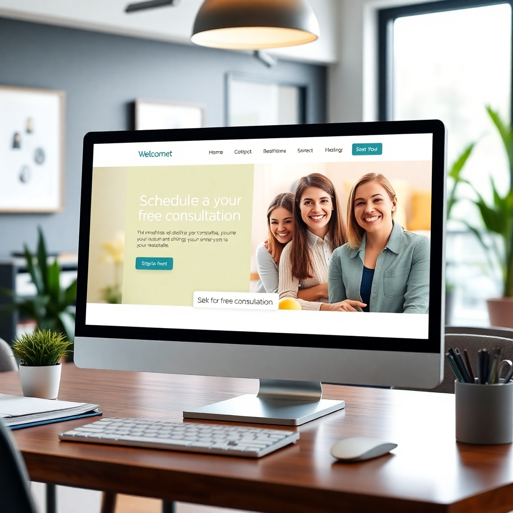A visually striking computer screen displaying a landing page with a prominent 'Schedule Your Free Consultation' button, surrounded by elements that depict happy homeowners and a smiling real estate agent in a welcoming office environment.