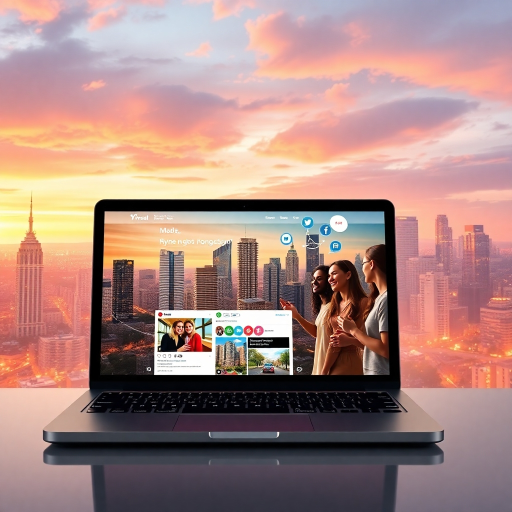 A visually striking digital marketing campaign concept. Show a laptop displaying social media ads, alongside a vibrant city skyline and engaging social media icons. Include a diverse group of potential home buyers reacting positively.