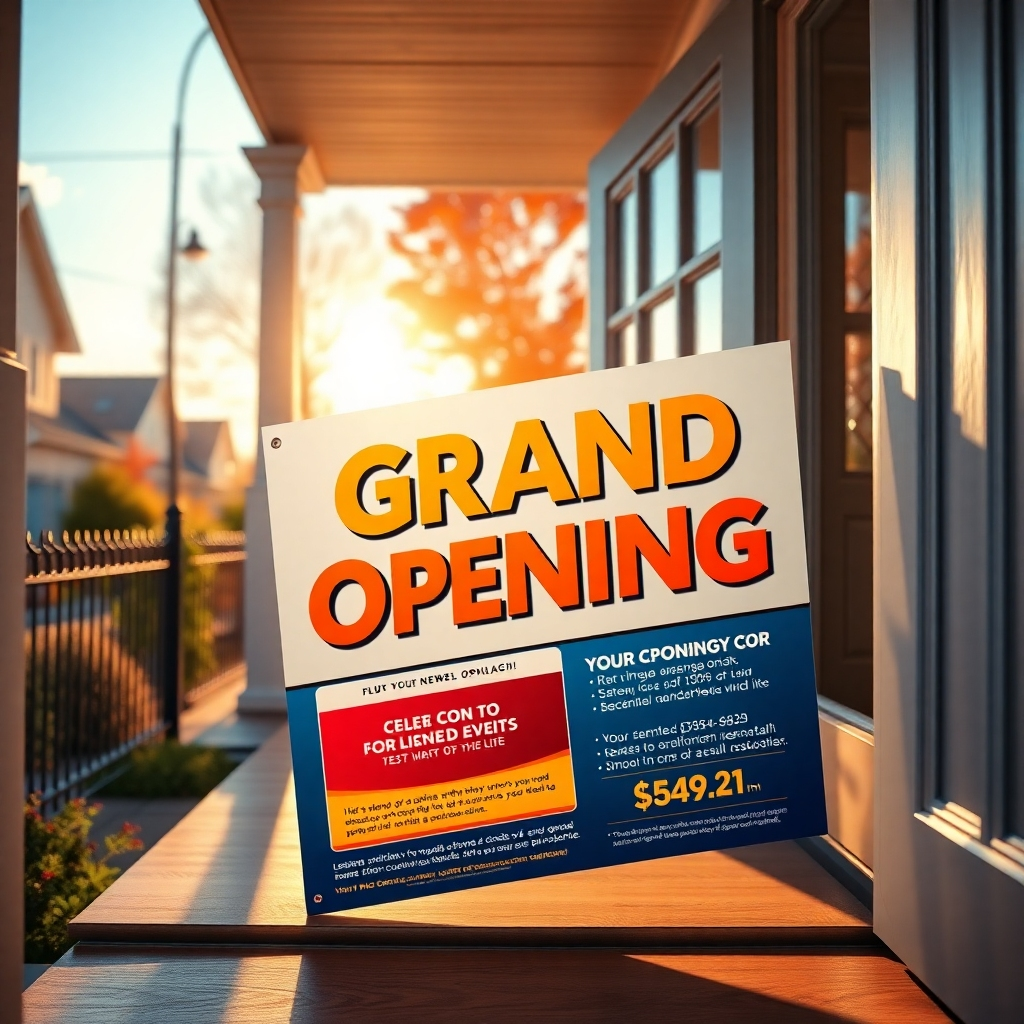 A visually striking flyer design featuring bold colors and captivating graphics about a grand opening event. The flyer is partially open on a doorstep, with a sunny neighborhood in the background showing curious residents glancing at it, conveying excitement and anticipation.