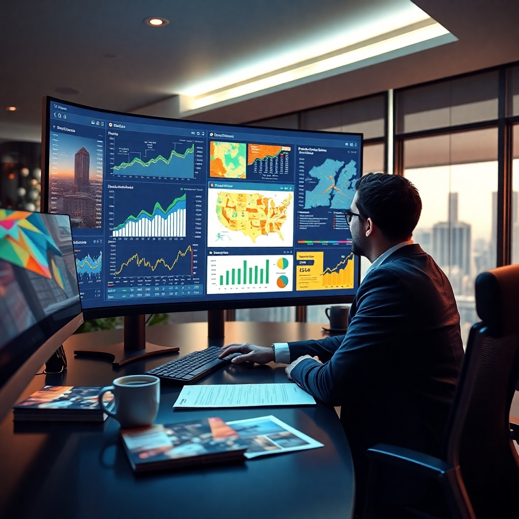 A visually striking image of a sleek workspace with a real estate agent analyzing data on a large screen. The screen should display graphs, heat maps, and analytics dashboards. Include an inviting atmosphere with a coffee cup and real estate brochures on the desk.