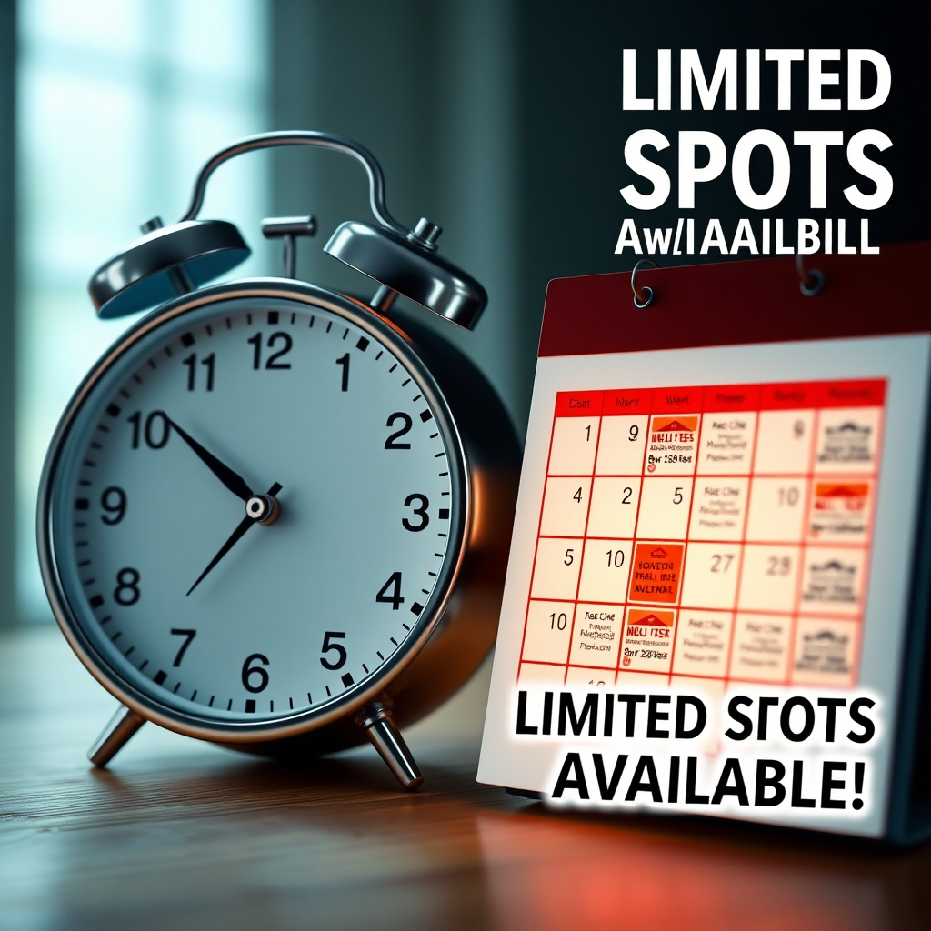 A visually striking image of a ticking clock, symbolizing urgency, alongside a filled-up calendar with a few highlighted dates. Include graphics of real estate listings and an eye-catching 'Limited Spots Available' banner to convey exclusivity.
