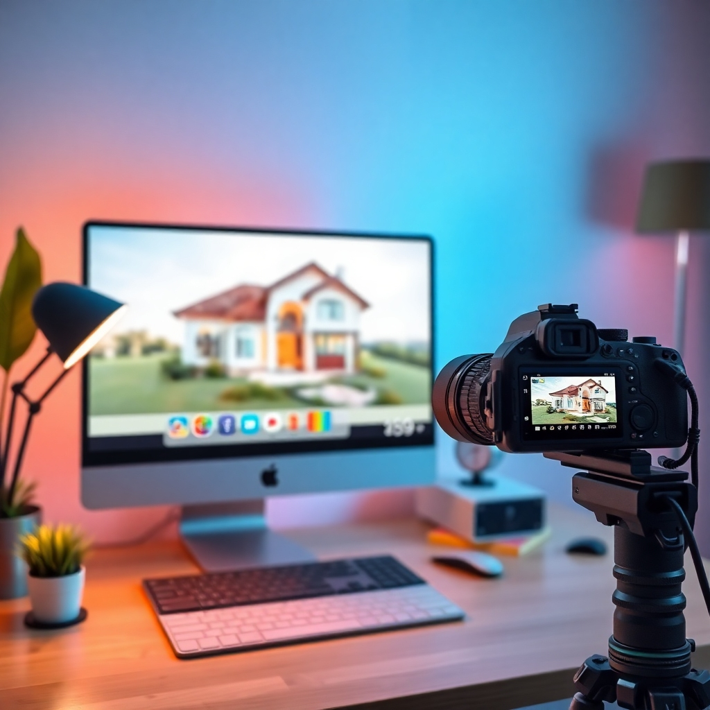 A visually striking modern real estate marketing setup showing a computer screen displaying a virtual tour of a house, beside it a camera capturing a professional photo of a home, with dynamic infographic elements highlighting marketing tools being used.