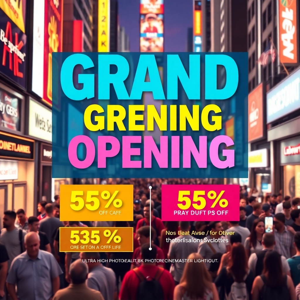 A visually striking promotional flyer for a grand opening, showcasing bold colors and innovative design elements, with large texts displaying enticing offers. The background includes an exciting urban street scene filled with people, creating an atmosphere of anticipation.