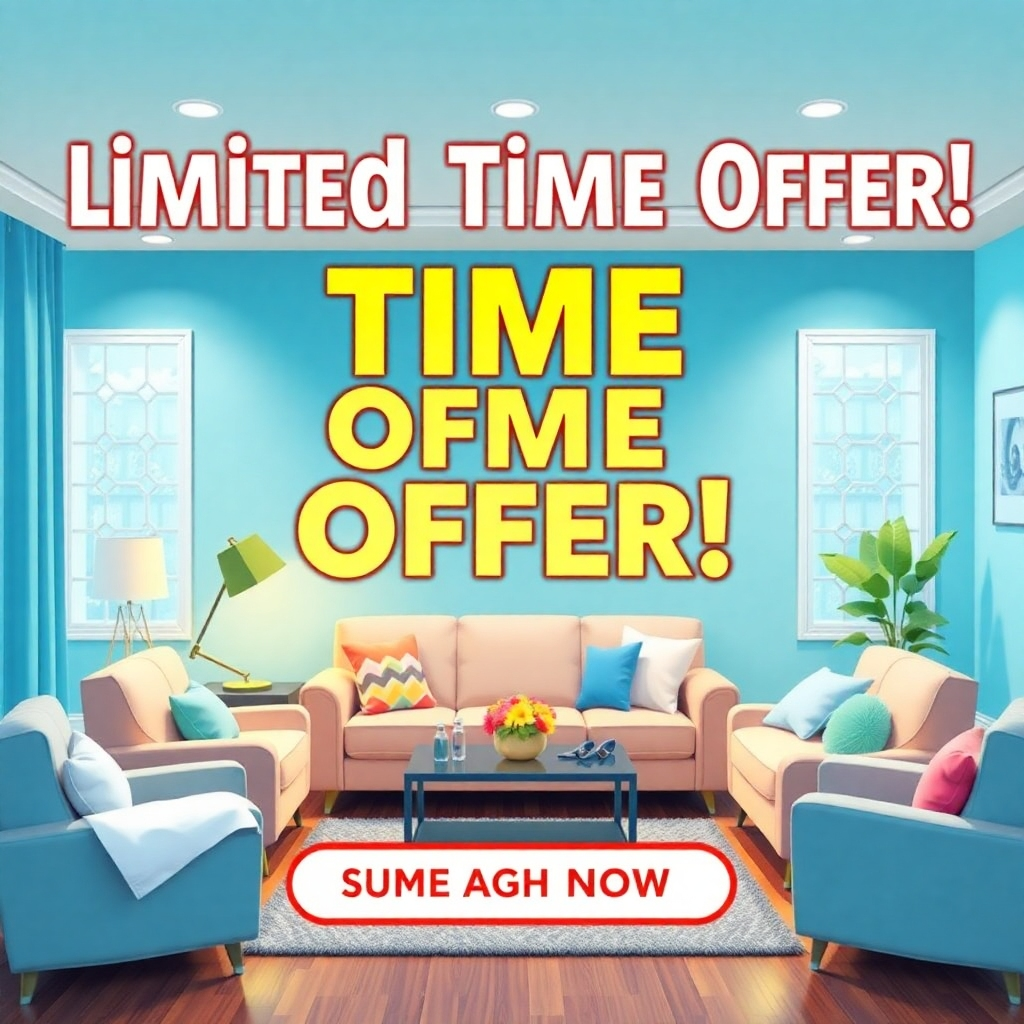 A visually striking promotional flyer for a cleaning service, featuring bold text claiming 'Limited Time Offer!' with illustrations of sparkling clean homes, vibrant colors, and a call to action. The background has a welcoming living room setting, emphasizing cleanliness.