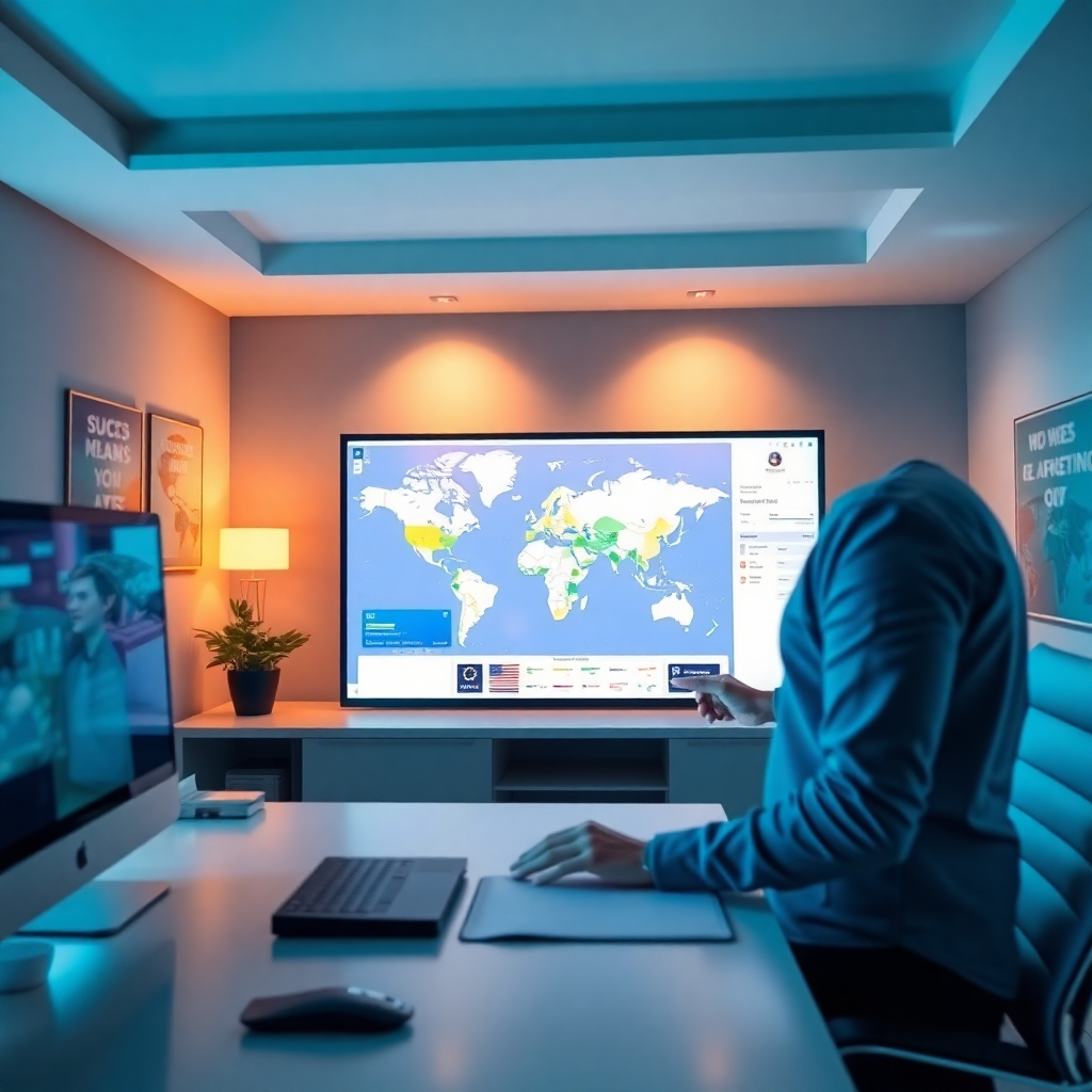 A visually striking workspace featuring a digital marketing specialist pointing at a large screen displaying a map with geofencing zones highlighted in vibrant colors. Soft diffused lighting illuminates the room, creating a modern and inviting atmosphere. The color palette includes blues, greens, and warm earth tones, conveying a sense of efficiency and creativity. The camera angle is slightly above eye level, showcasing the detailed map and the professional's engaged expression. The workspace has sleek textures, with a polished desk, and a well-organized layout filled with digital devices and marketing materials. Background elements include motivational posters about success in local marketing. In the style of modern advertising photography, the image is captured in ultra-detailed 8K resolution, ensuring vivid representation of the professional environment.
