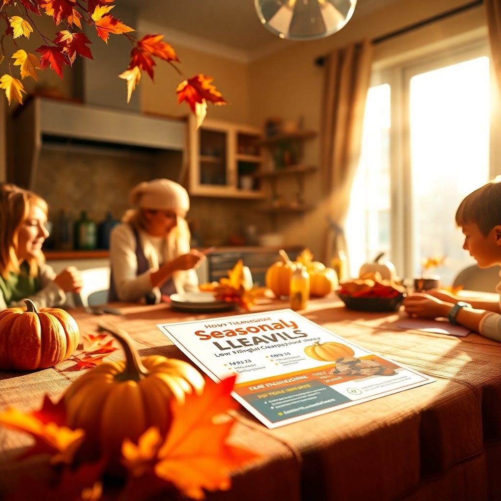 A vivid autumn scene depicting a family preparing their home for Thanksgiving, with a focus on a beautifully crafted flyer showcasing seasonal cleaning specials on the kitchen table. The warm, golden light beams through a window, creating a cozy, inviting atmosphere. Rich autumn colors from fall leaves contrast with the vibrant, professional design of the flyer. The camera angle is close and intimate, capturing the details of the flyer alongside the bustling family activities, emphasizing warmth and togetherness. Textures are key, highlighting the softness of the tablecloth and the shine of the flyer. Detailed with props such as pumpkins and autumn décor. Style reminiscent of cozy home photography, rendered in 8K resolution with hyperrealism.