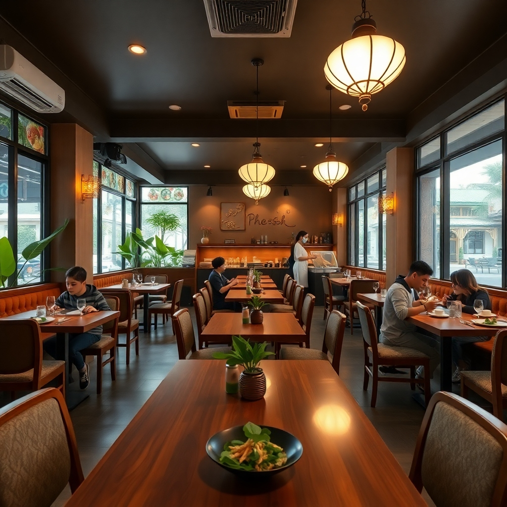 A warm and inviting interior of 'Pho Fresh' Vietnamese Restaurant, showcasing wooden tables set for families and solo diners. The lighting is soft and diffused, creating a relaxed mood. The color palette features earthy tones with pops of vibrant green from indoor plants. Camera angle is at eye level, capturing the restaurant's open layout and cozy seating. Textures include the smooth finish of the wooden tables and the fabric of the cushioned chairs. Environmental elements include traditional Vietnamese decorations on the walls and a glimpse of outdoor seating through large windows. The background captures friendly staff serving happy customers. The image is in hyperrealistic style, focusing on intricate details, and should be rendered in 8K resolution.