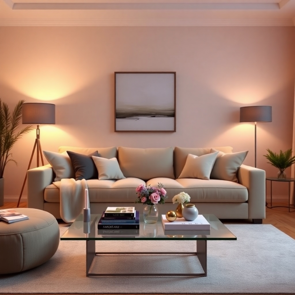 A warm and inviting living room with a plush sofa, soft throw pillows, and a coffee table adorned with books and flowers. The walls feature calming colors, illuminated by soft lighting, creating an atmosphere of comfort and warmth.