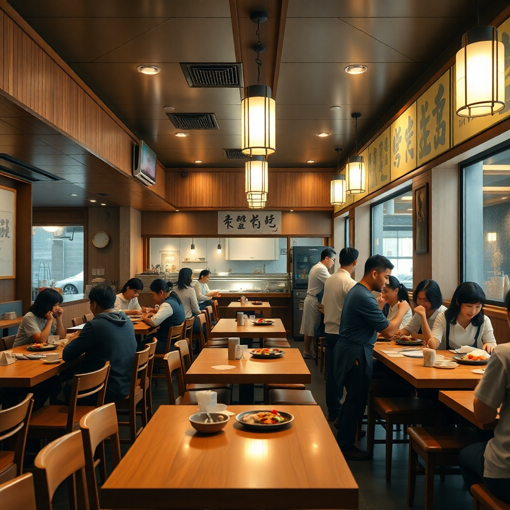 A warm and inviting restaurant interior featuring wooden tables, soft lighting, and friendly staff serving food. Customers enjoy their meals, creating a lively and welcoming dining atmosphere, reflecting a mix of modern and traditional Japanese elements.