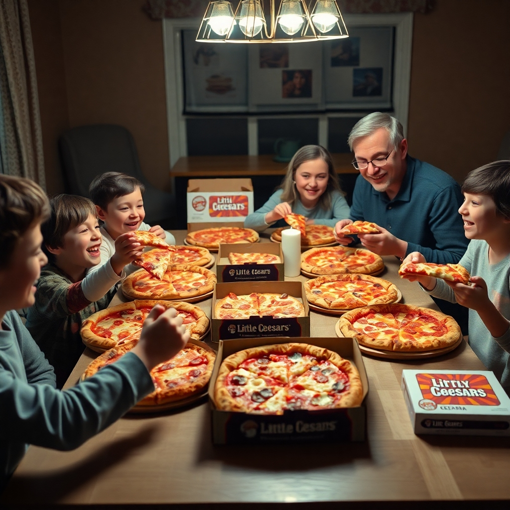 A warm family gathering at home around a dining table filled with Little Caesars pizzas, showing excited kids reaching for slices, while parents smile, showcasing the affordability aspect. The scene is cozy, with pizza boxes and Crazy Bread® adding to the feast.